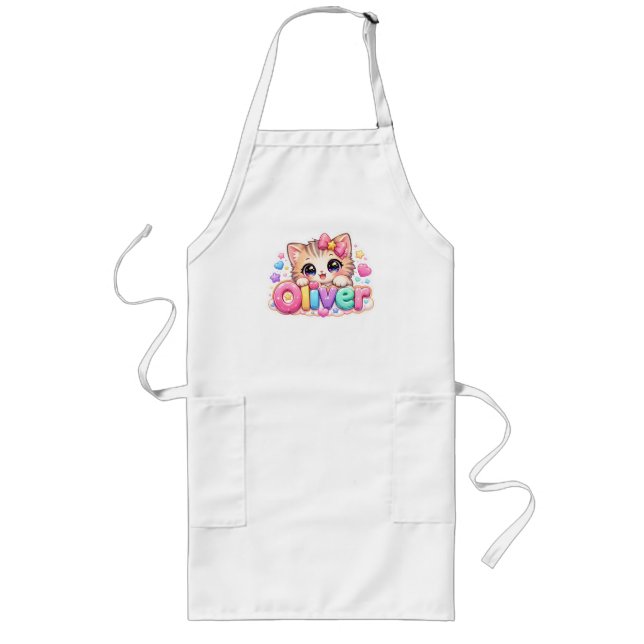 Cute Kawaii Oliver Cat Name Pastel Pink Sparkling  Long Apron (Front)