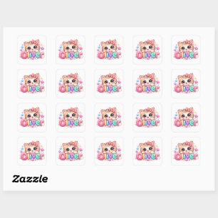 Cute Kawaii Oliver Cat Name Pastel Pink Sparkling Square Sticker