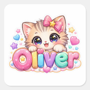 Cute Kawaii Oliver Cat Name Pastel Pink Sparkling Square Sticker
