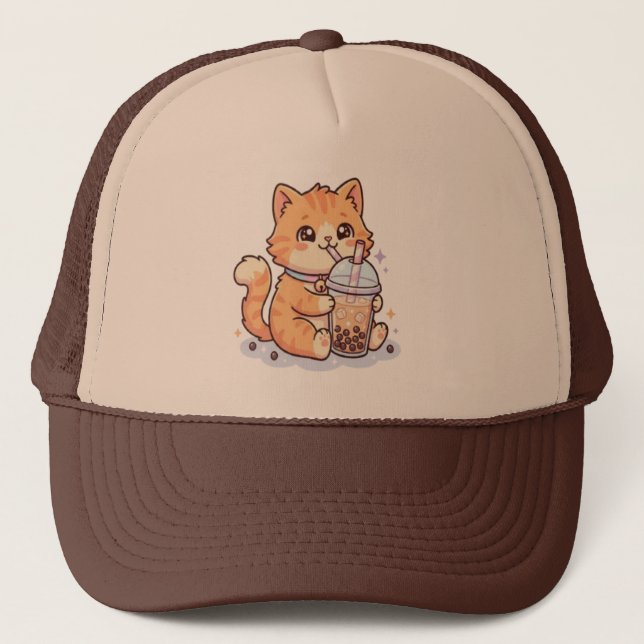 Cute Kawaii Orange Tabby Cat Drinking Boba Bubble  Trucker Hat (Front)