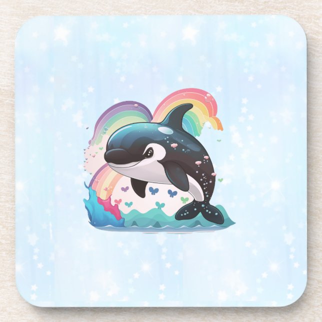 Cute Kawaii Orca Killer Whale Rainbows Butterflies Coaster (Front)