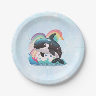 Cute Kawaii Orca Killer Whale Rainbows Butterflies Paper Plate