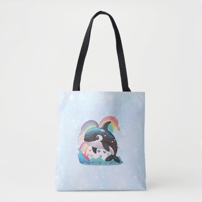 Cute Kawaii Orca Killer Whale Rainbows Butterflies Tote Bag (Front)