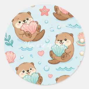 Cute Kawaii Otter Heart Seashell Pattern Classic Round Sticker