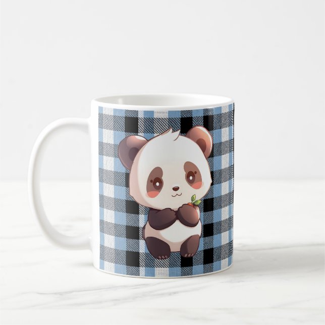 Cute Kawaii Panda Bear Blue Buffalo Plaid Coffee Mug (Left)
