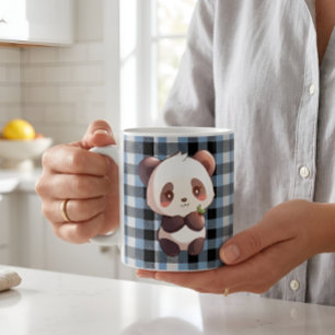 Cute Kawaii Panda Bear Blue Buffalo Plaid Coffee Mug