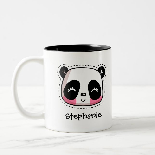 Cute Kawaii Panda Bear with Personalised Name Two-Tone Coffee Mug (Left)