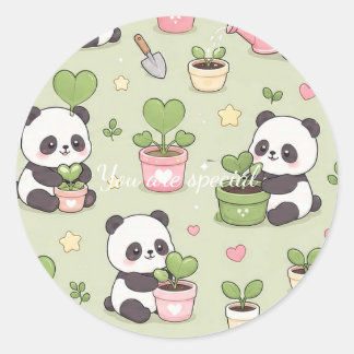 Cute Kawaii Panda Heart Plant Pattern Classic Round Sticker