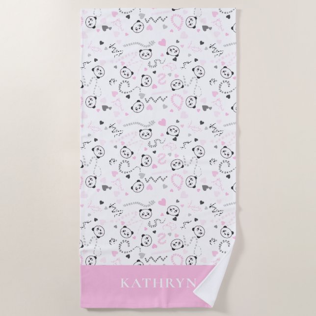 Cute Kawaii Panda Pink Grey Hearts Personalised Beach Towel (Front)