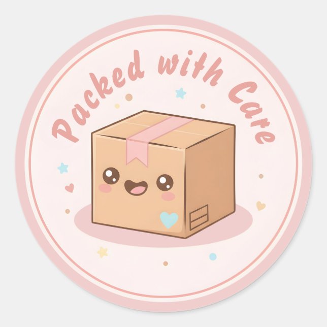 Cute Kawaii Parcel "Packed with Care" Packaging Classic Round Sticker (Front)