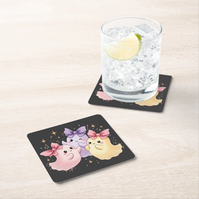 Cute Kawaii Pastel Ghosts with Sparkly Bows Square Paper Coaster (Insitu)