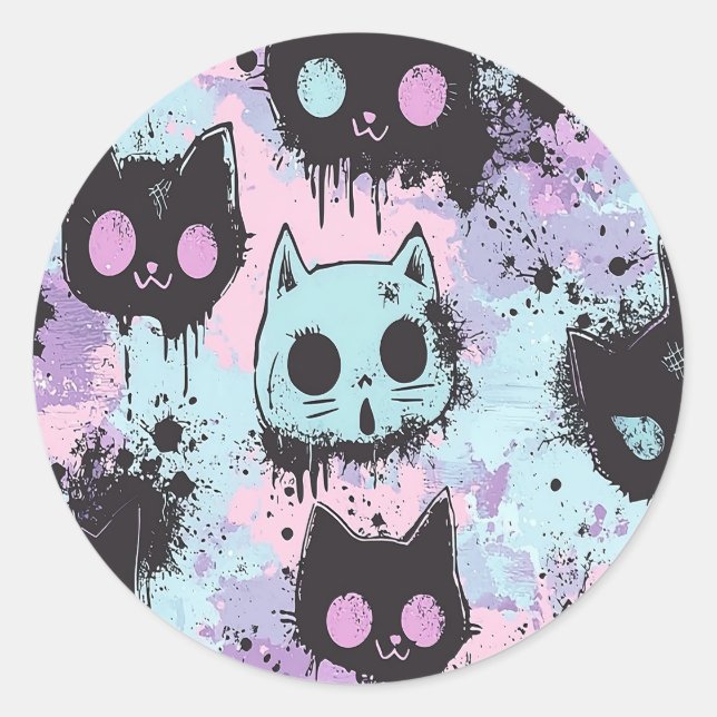 Cute Kawaii Pastel Goth Patchwork Creepy Cat Classic Round Sticker (Front)