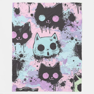 Cute Kawaii Pastel Goth Patchwork Creepy Cat Fleece Blanket