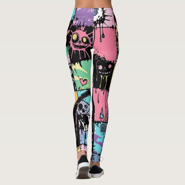 Cute Kawaii Pastel Goth Patchwork Creepy Cat Leggings (Back)