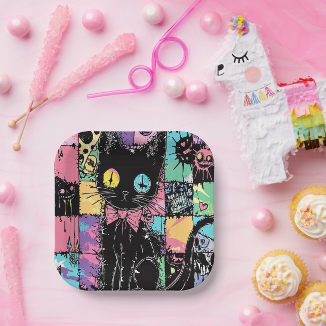 Cute Kawaii Pastel Goth Patchwork Creepy Cat Paper Plate (Party)