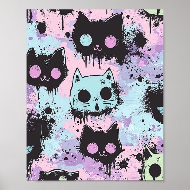 Cute Kawaii Pastel Goth Patchwork Creepy Cat Poster (Front)