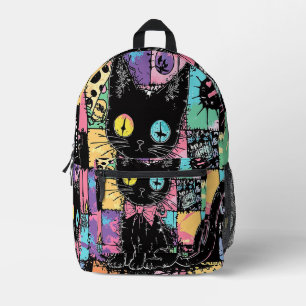 Cute Kawaii Pastel Goth Patchwork Creepy Cat Printed Backpack