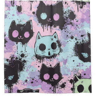 Cute Kawaii Pastel Goth Patchwork Creepy Cat Shower Curtain