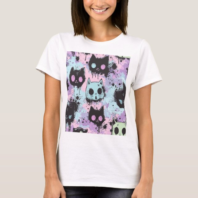 Cute Kawaii Pastel Goth Patchwork Creepy Cat T-Shirt (Front)
