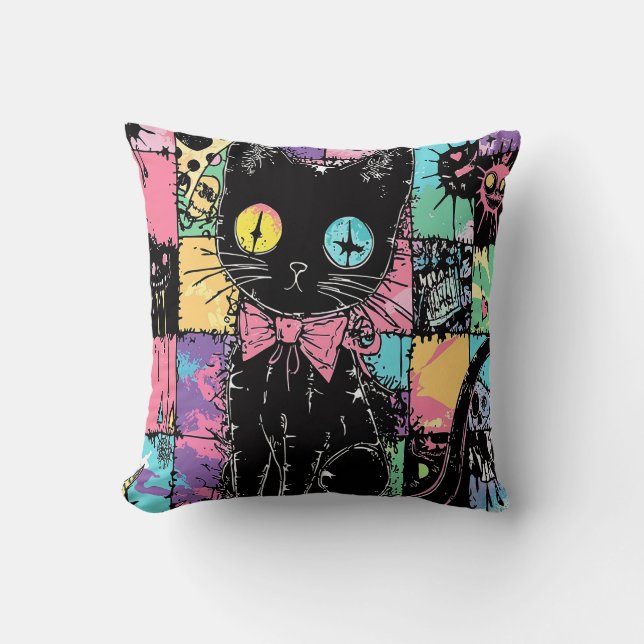 Cute Kawaii Pastel Goth Patchwork Gothic Creepy Cushion (Front)