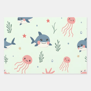 Cute Kawaii Pastel Ocean Animals Wrapping Paper Sheet