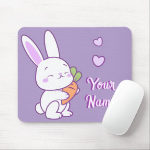 Cute Kawaii Pastel Purple Custom Name Bunny Carrot Mouse Mat