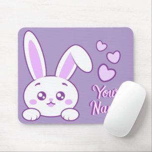 Cute Kawaii Pastel Purple Peeky Bunny Custom Name Mouse Mat