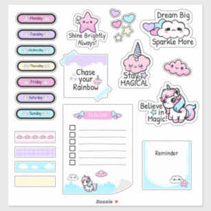 Cute Kawaii Pastel Unicorn Planner Sticker Sheet