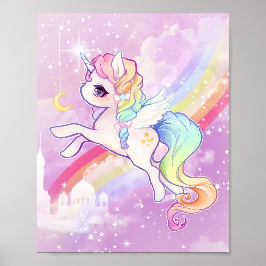 Cute Kawaii Pastel Unicorn With Rainbow And Castle Poster Zazzle Co Uk