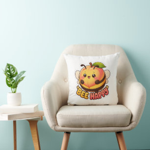 Cute Kawaii Peach Bee Happy Funny Pun Cushion