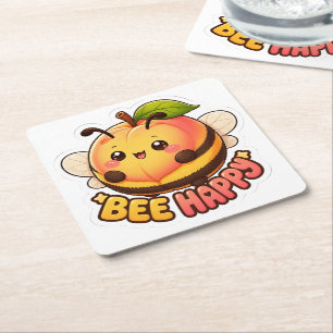 Cute Kawaii Peach Bee Happy Funny Pun Square Paper Coaster