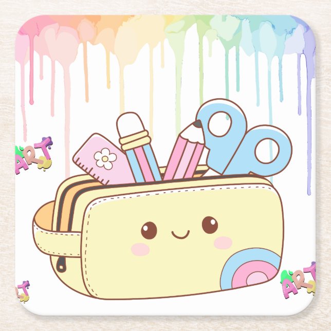 Cute Kawaii Pencil Case Square Paper Coaster (Front)