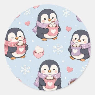 Cute Kawaii Penguin Hot Cocoa Pattern Classic Round Sticker