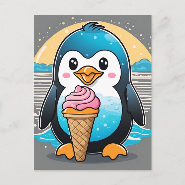 Cute Kawaii Penguin Ice Cream Beach Postcard (Front)