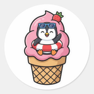 Cute Kawaii Penguin Ice Cream Cone Summer BSticker Classic Round Sticker