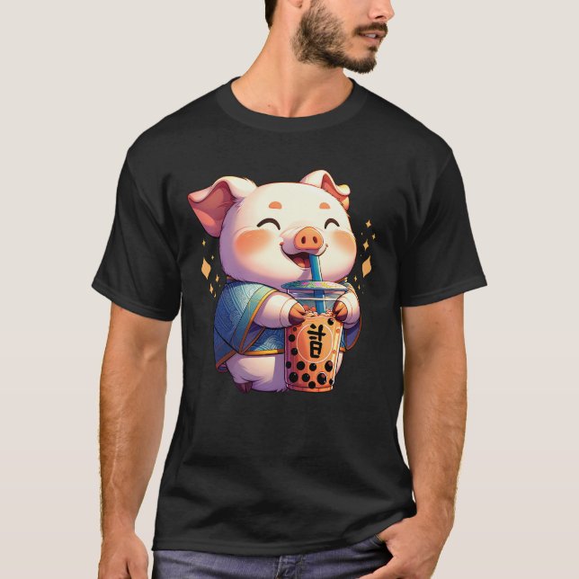 Cute Kawaii Pig Drink Bubble Tea Milk Tea Lover T-Shirt (Front)