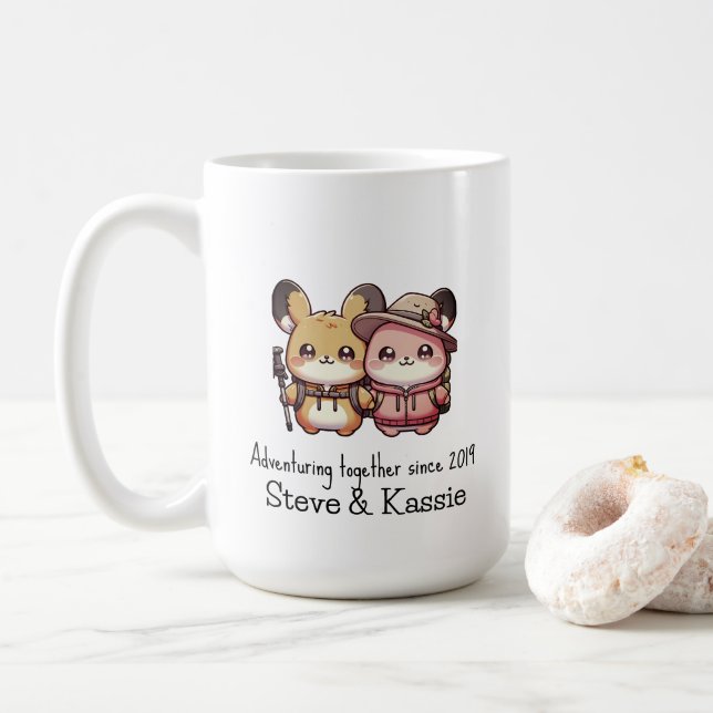 Cute Kawaii Pika Couple Adventuring Together  Coffee Mug (With Donut)