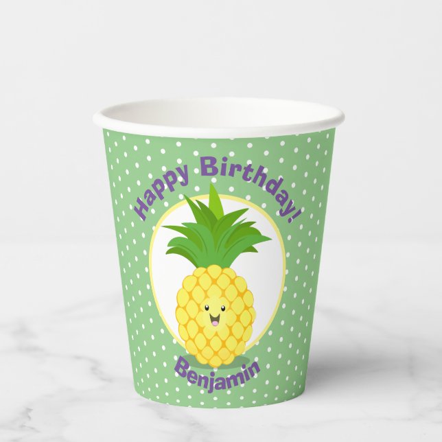 Cute kawaii pineapple cartoon illustration paper cups (Front)