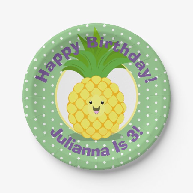 Cute kawaii pineapple cartoon illustration paper plate (Front)