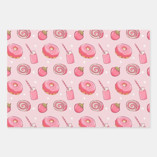 Cute Kawaii Pink Aesthetic Foods Seamless Pattern Wrapping Paper Sheet (Front)