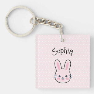 Cute Kawaii Pink Bunny and Polka Dots Key Ring