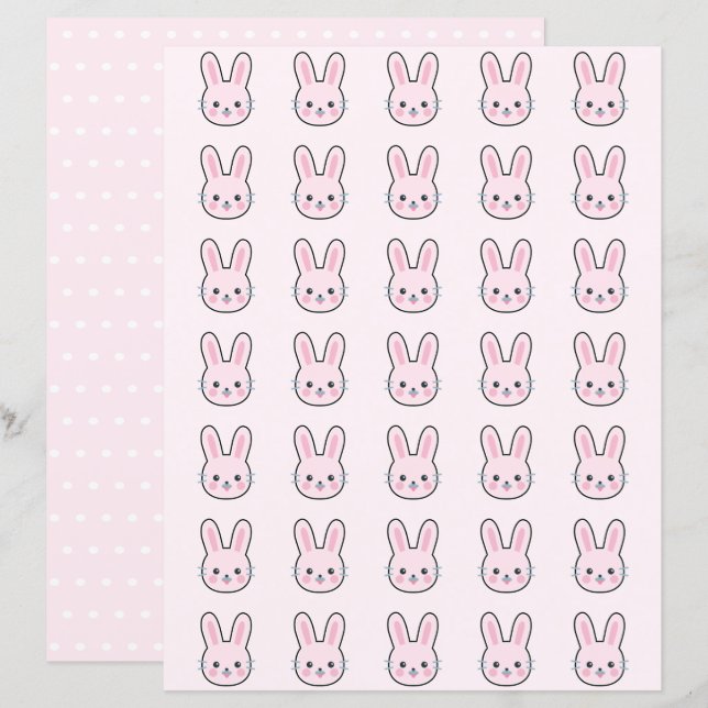 Cute Kawaii Pink Bunny Polka Dots Scrapbook Paper (Front/Back)