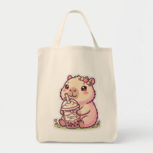 Cute Kawaii Pink Capybara Drinking Boba Tea Tote B Bag