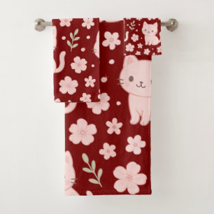 Cute Kawaii Pink Cats and Flowers Towel Set