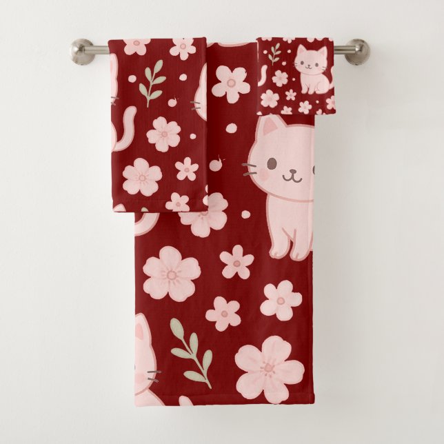 Cute Kawaii Pink Cats and Flowers Towel Set (Insitu)