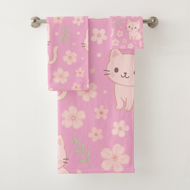 Cute Kawaii Pink Cats and Flowers Towel Set (Insitu)