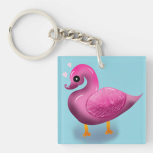 Cute Kawaii Pink Duck & Hearts Nursery Art Key Ring