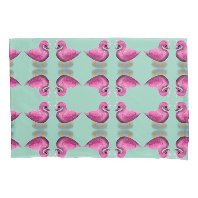 Cute Kawaii Pink Duck & Hearts Nursery Art Pillowcase (Front)