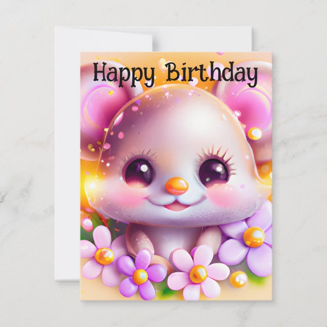 Cute Kawaii Pink Mouse Holiday Card (Front)