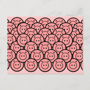 Cute Kawaii Pink Pigs & Piglets Pattern Vector Art Postcard